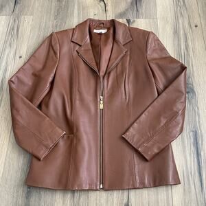 Vtg 90s Nordstrom Brown SOFT Lambskin Leather Zip Jacket Womens Size Large CBK